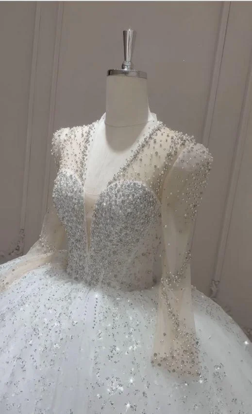 Opulent Long Sleeve Wedding Dress with Shimmering Tulle