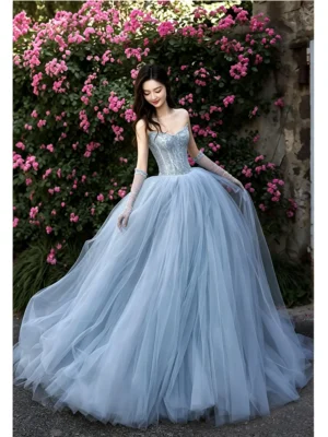 Blue Beaded Strapless Sweet 16 Dress