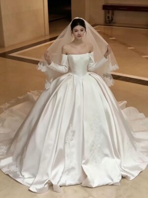 Vintage-Inspired Off-Shoulder Satin Wedding Dress with Elegant Long Sleeves