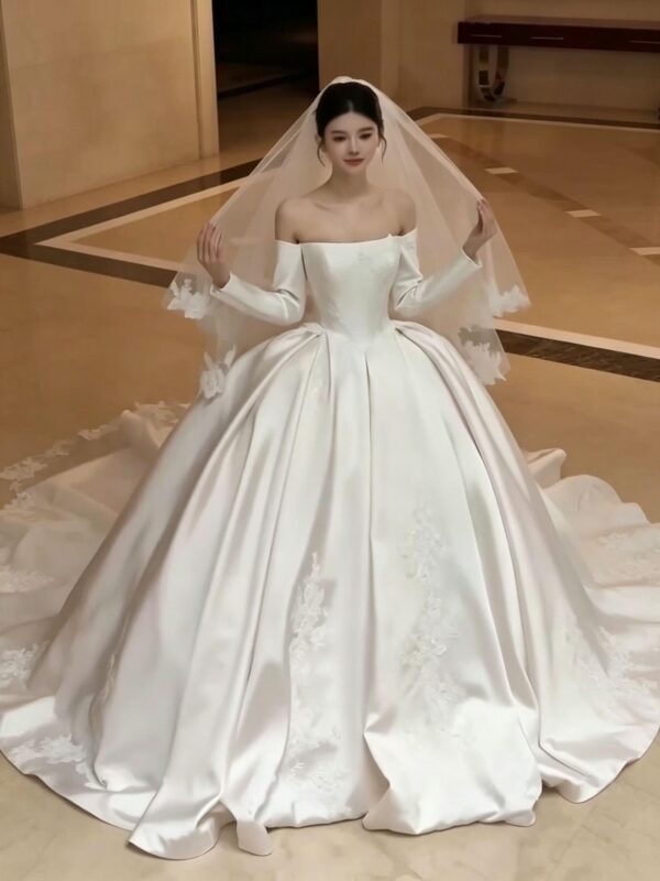 Vintage-Inspired Off-Shoulder Satin Wedding Dress with Elegant Long Sleeves