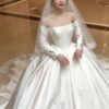 Vintage-Inspired Off-Shoulder Satin Wedding Dress with Elegant Long Sleeves