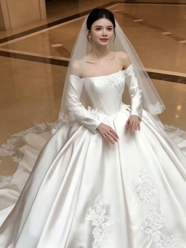 Vintage-Inspired Off-Shoulder Satin Wedding Dress with Elegant Long Sleeves