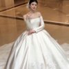 Vintage-Inspired Off-Shoulder Satin Wedding Dress with Elegant Long Sleeves