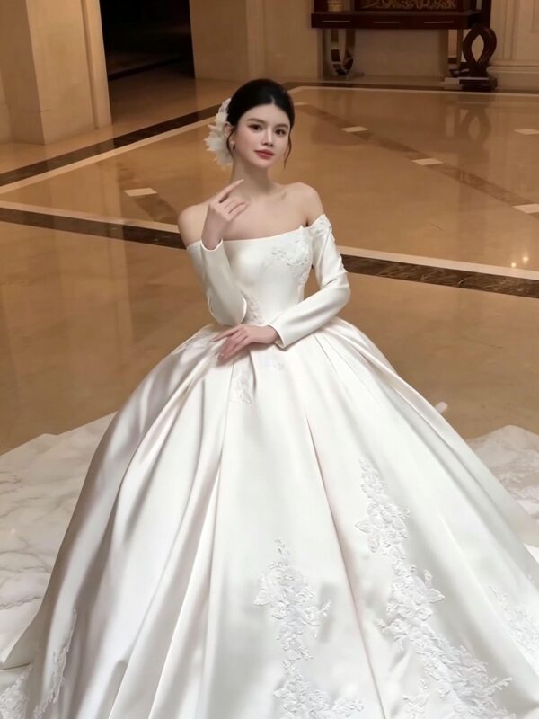 Vintage-Inspired Off-Shoulder Satin Wedding Dress with Elegant Long Sleeves