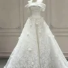 Modern Strapless Sweetheart Satin Corset Wedding Dress featuring 3D Leaf Lace Ball Gown Skirt