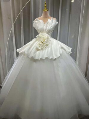 Couture Pleated Peplum Ball Gown in Clean Ethereal Tulle