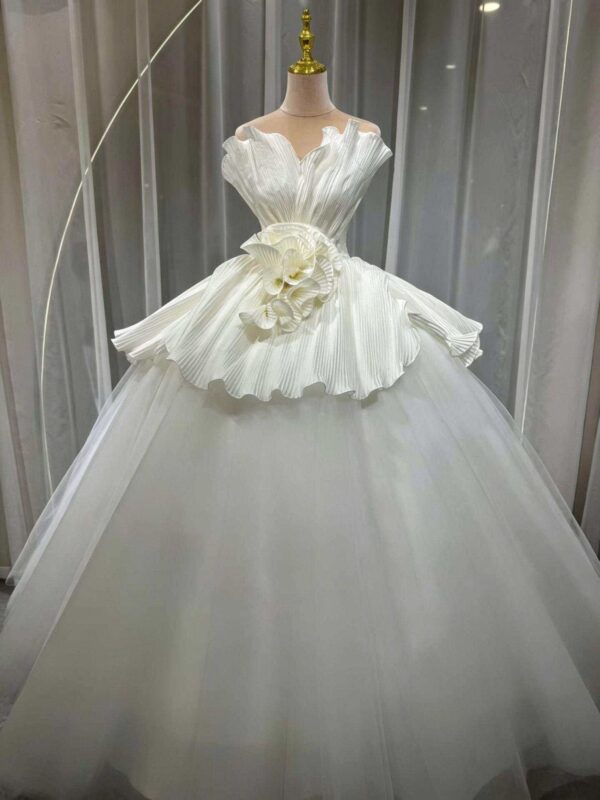 Couture Pleated Peplum Ball Gown in Clean Ethereal Tulle