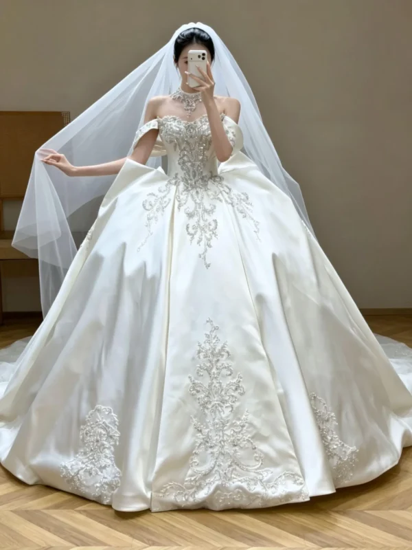 Off-the-Shoulder Crystal Beaded Satin Wedding Dress