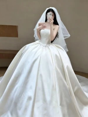 Strapless Pearl-Trim Satin Ball Gown Wedding Dress