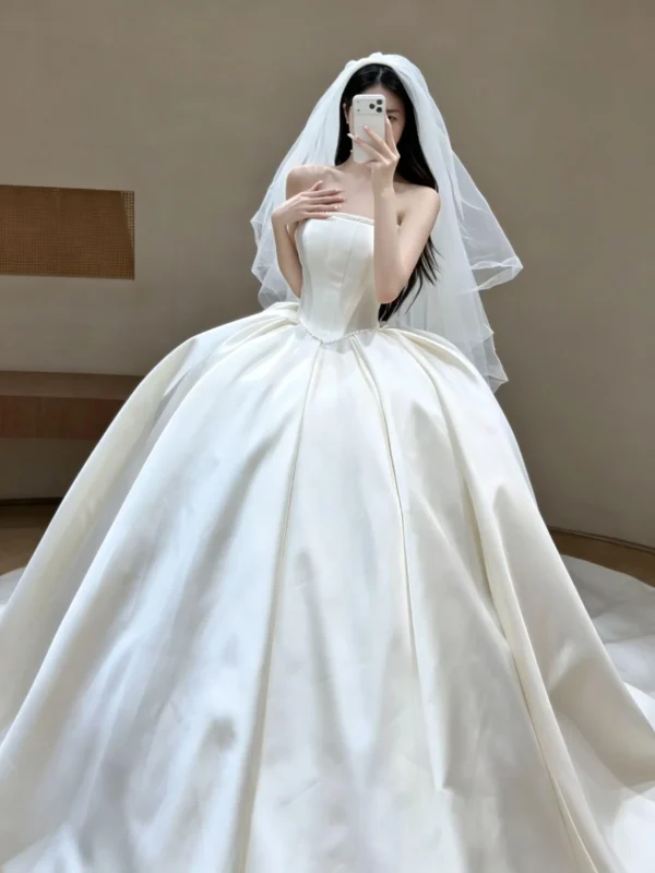 Strapless Pearl-Trim Satin Ball Gown Wedding Dress