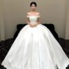 Off-the-Shoulder Lace-Trimmed Satin Ball Gown Wedding Dress