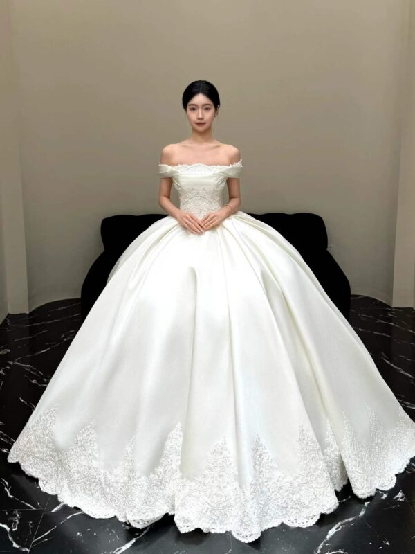 Off-the-Shoulder Lace-Trimmed Satin Ball Gown Wedding Dress