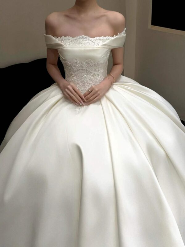 Off-the-Shoulder Lace-Trimmed Satin Ball Gown Wedding Dress