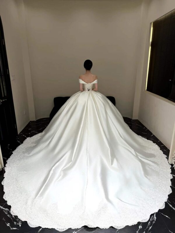 Off-the-Shoulder Lace-Trimmed Satin Ball Gown Wedding Dress