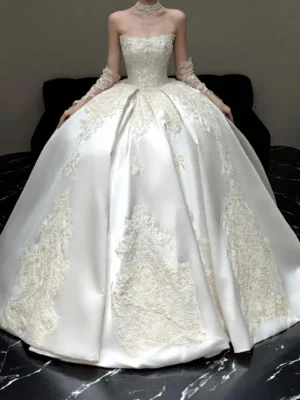Beaded Corset Lace Applique Satin Ball Gown Bridal Dress