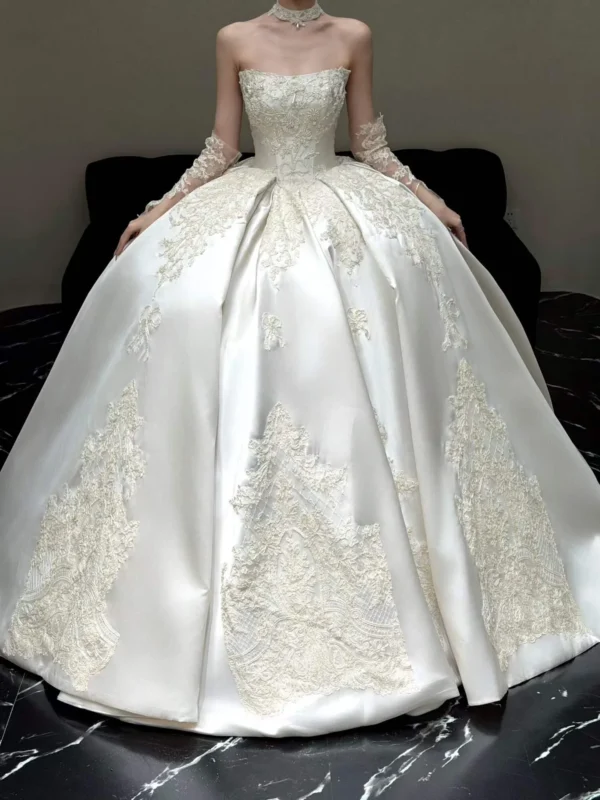 Beaded Corset Lace Applique Satin Ball Gown Bridal Dress