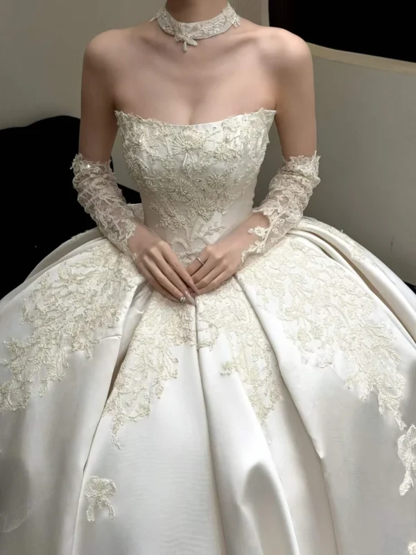 Beaded Corset Lace Applique Satin Ball Gown Bridal Dress