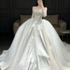 Detachable Sleeve Lace Satin Wedding Dress with Tulle Skirt