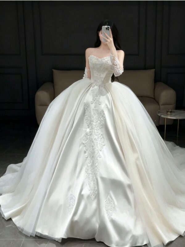 Detachable Sleeve Lace Satin Wedding Dress with Tulle Skirt