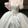 Detachable Sleeve Lace Satin Wedding Dress with Tulle Skirt