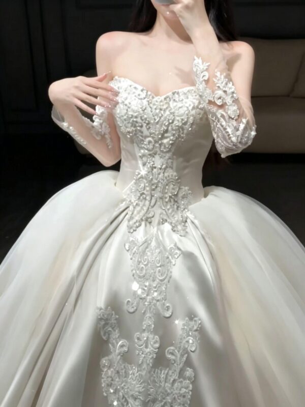 Detachable Sleeve Lace Satin Wedding Dress with Tulle Skirt