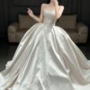 Detachable Sleeve Lace Satin Wedding Dress with Tulle Skirt