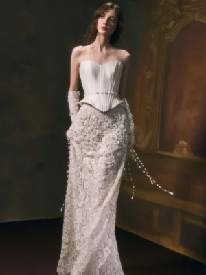 Satin Corset Pearl Wedding Dress with 3D Lace Skirt