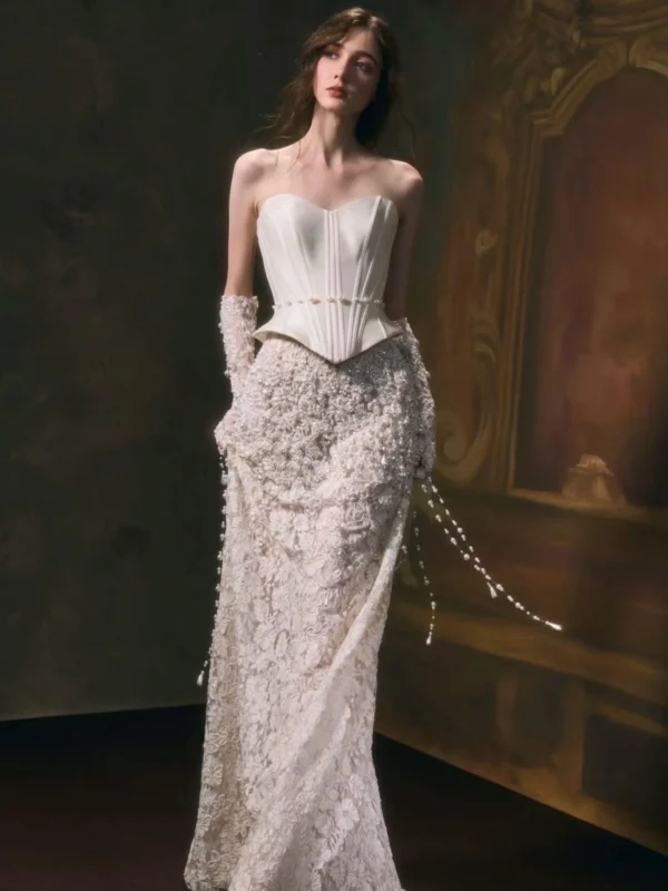 Satin Corset Pearl Wedding Dress with 3D Lace Skirt