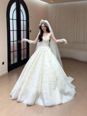 Luxury Textured Pleated Ball Gown - Strapless Wedding Dress