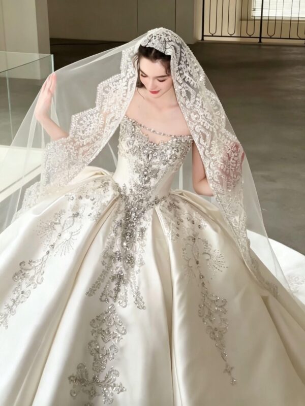 Luxury Heavy Beaded Royal Satin Ball Gown