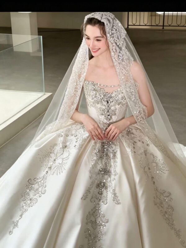 Luxury Heavy Beaded Royal Satin Ball Gown