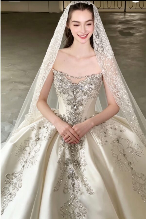 Luxury Heavy Beaded Royal Satin Ball Gown