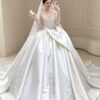 Asymmetric Draped Satin Ball Gown with Lace Applique