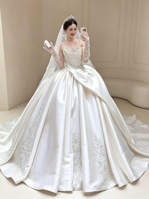 Asymmetric Draped Satin Ball Gown with Lace Applique
