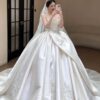Asymmetric Draped Satin Ball Gown with Lace Applique