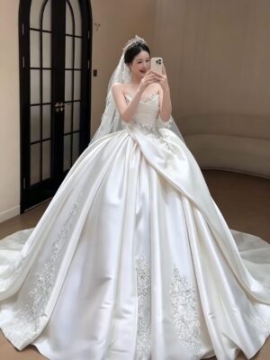 Asymmetric Draped Satin Ball Gown with Lace Applique