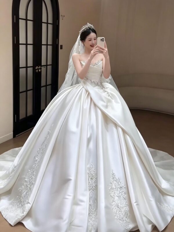 Asymmetric Draped Satin Ball Gown with Lace Applique