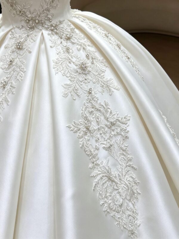 Asymmetric Draped Satin Ball Gown with Lace Applique