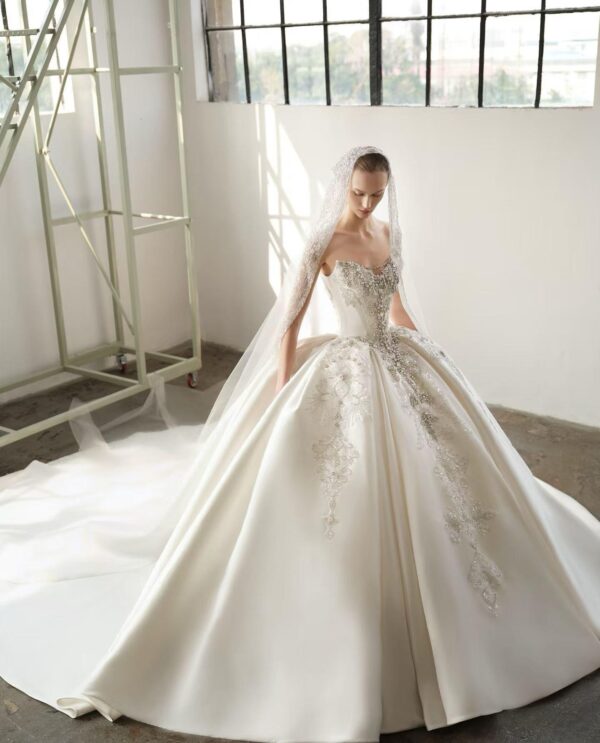 Embroidered Satin Wedding Dress with Crystal Corset