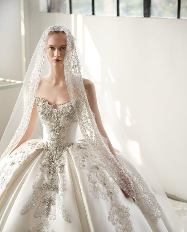 Embroidered Satin Wedding Dress with Crystal Corset