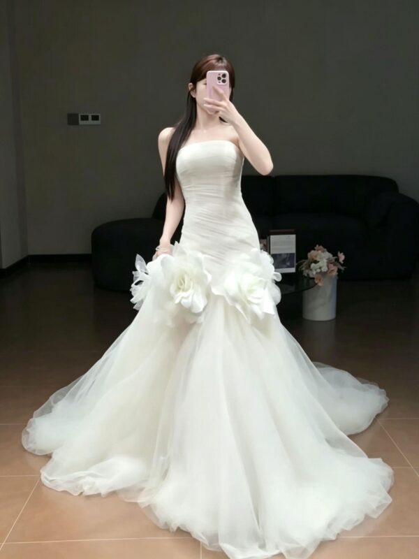 Strapless Ruched 3D Floral Tulle Gown