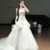 Strapless Ruched 3D Floral Tulle Gown