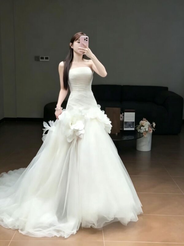 Strapless Ruched 3D Floral Tulle Gown