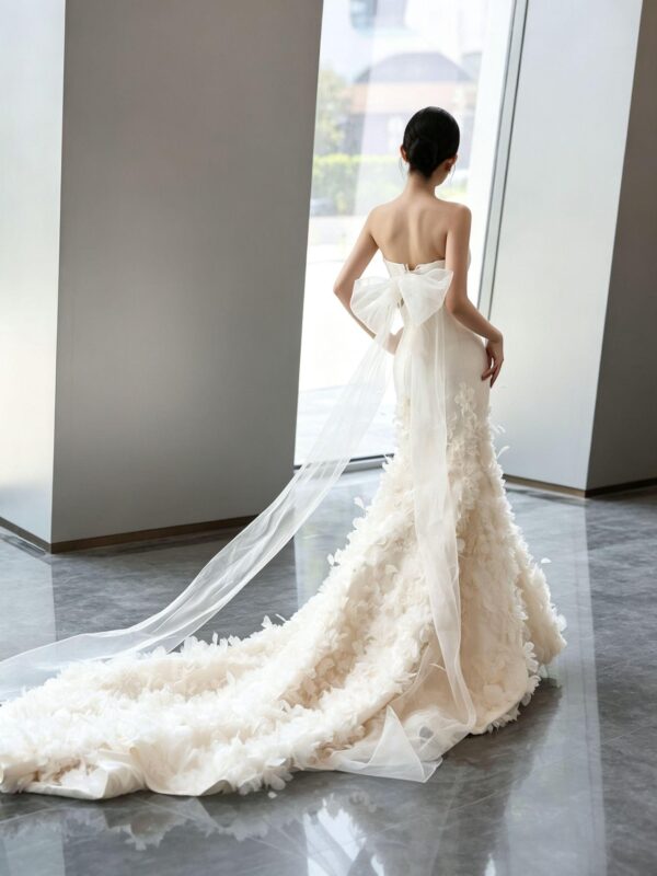 Minimalist Satin 3D Floral Fit-and-Flare Bridal Gown