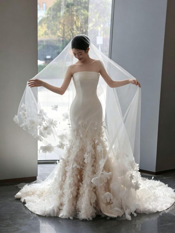 Minimalist Satin 3D Floral Fit-and-Flare Bridal Gown