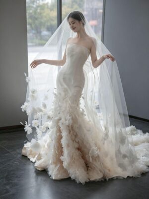 Minimalist Satin 3D Floral Fit-and-Flare Bridal Gown