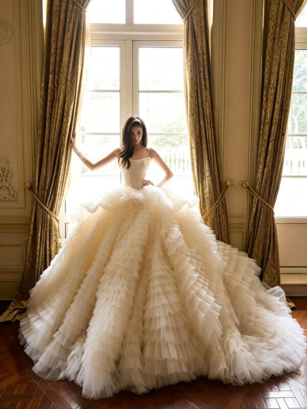 Strapless Corset Tiered Tulle Ball Gown Wedding Dress