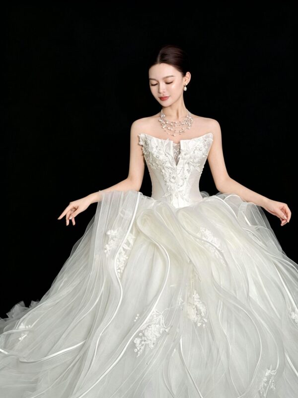 Cascading Wave Tulle Ball Gown with 3D Florals
