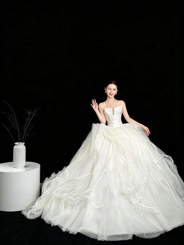 Cascading Wave Tulle Ball Gown with 3D Florals
