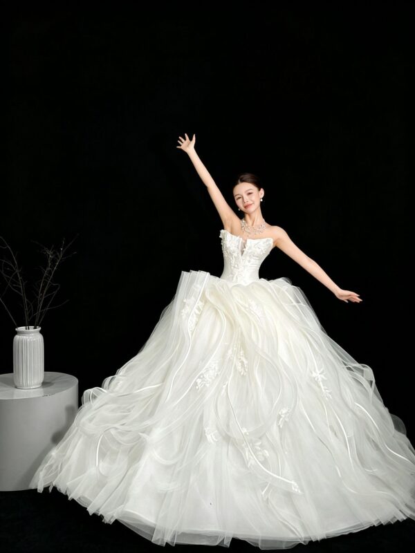 Cascading Wave Tulle Ball Gown with 3D Florals